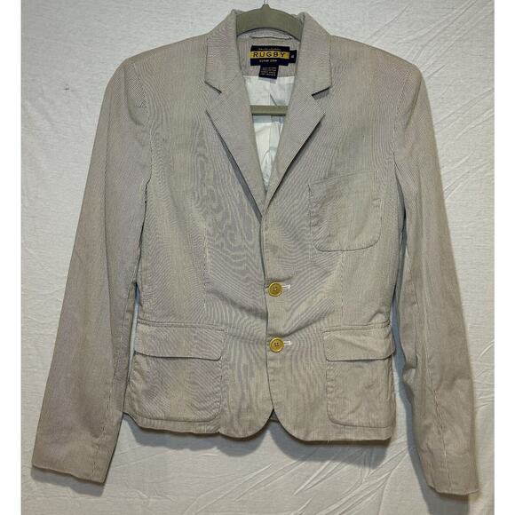 Ralph Lauren Rugby Womens Cotton Striped Print Blazer Jacket Tan White Size 4 - Picture 1 of 10